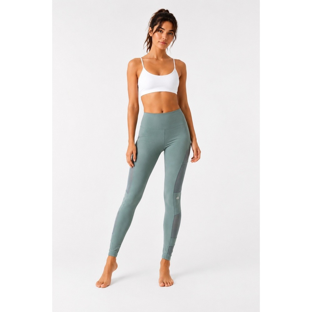 Alo‎ Yoga Leggings Small Sage Green Mesh Panel High Rise Athletic Yoga Pants